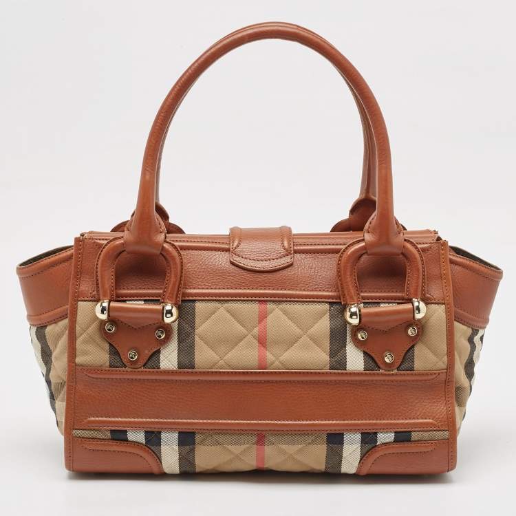 Pre Owned Burberry Brown/Beige Quilted House Check Canvas and Leather Manor Bag