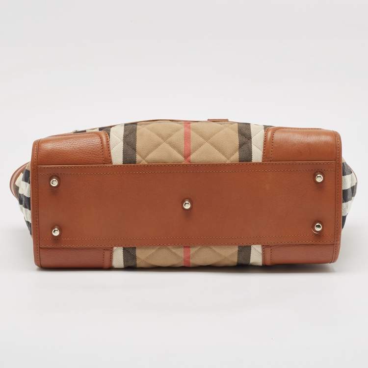 Pre Owned Burberry Brown/Beige Quilted House Check Canvas and Leather Manor Bag