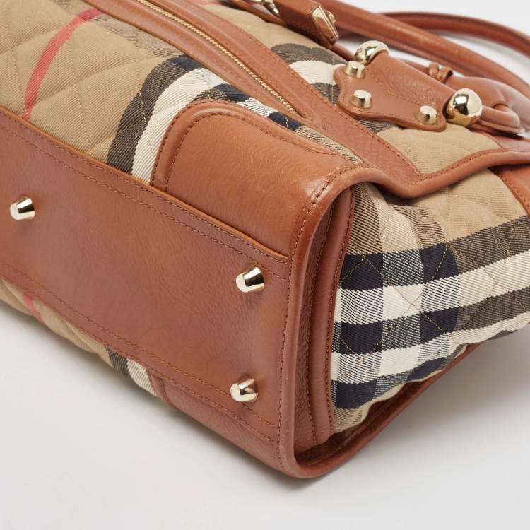 Pre Owned Burberry Brown/Beige Quilted House Check Canvas and Leather Manor Bag