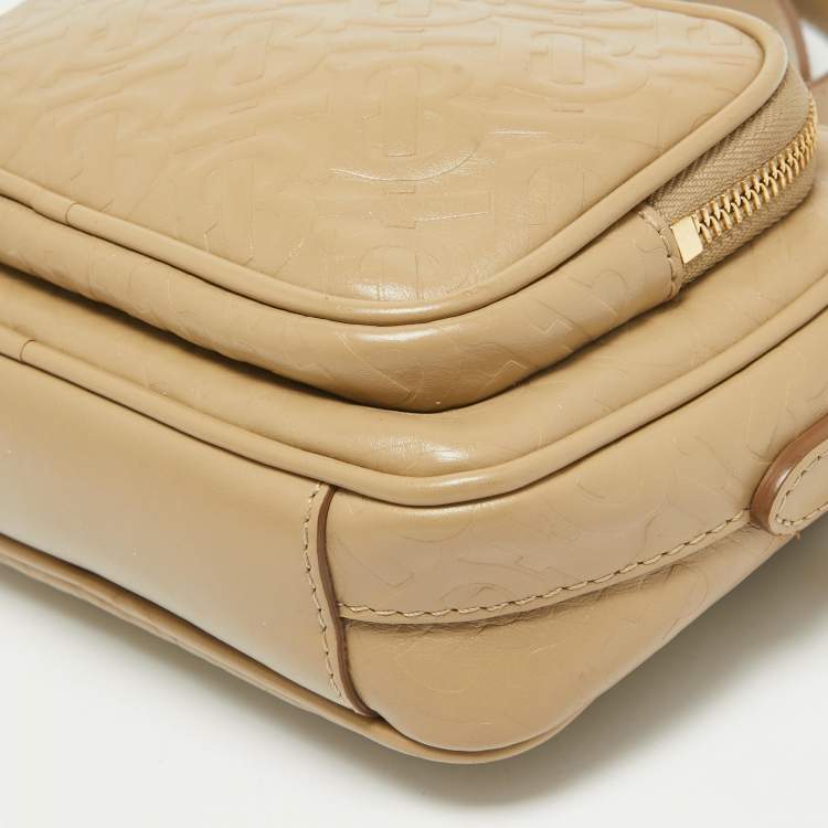 Pre Owned Burberry Beige Monogram Embossed Leather Camera Crossbody Bag