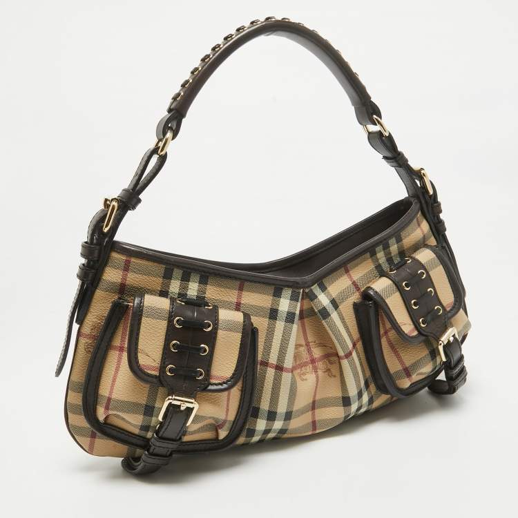 Pre Owned Burberry Brown/Beige Haymarket Check PVC and Leather Stitch Detail Hobo