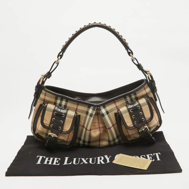 Pre Owned Burberry Brown/Beige Haymarket Check PVC and Leather Stitch Detail Hobo