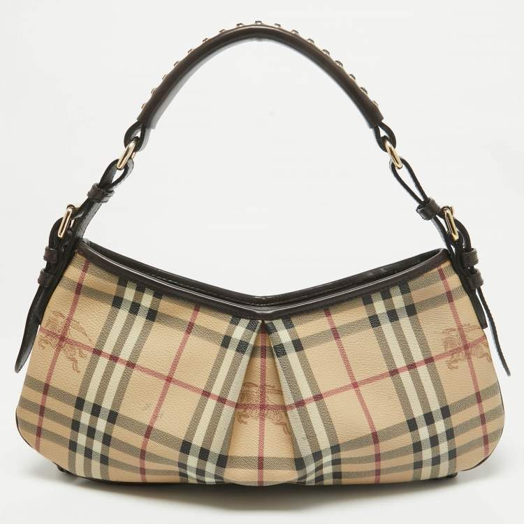 Pre Owned Burberry Brown/Beige Haymarket Check PVC and Leather Stitch Detail Hobo