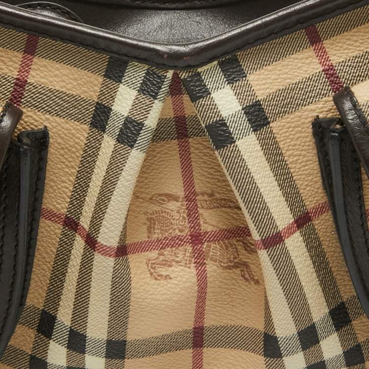 Pre Owned Burberry Brown/Beige Haymarket Check PVC and Leather Stitch Detail Hobo