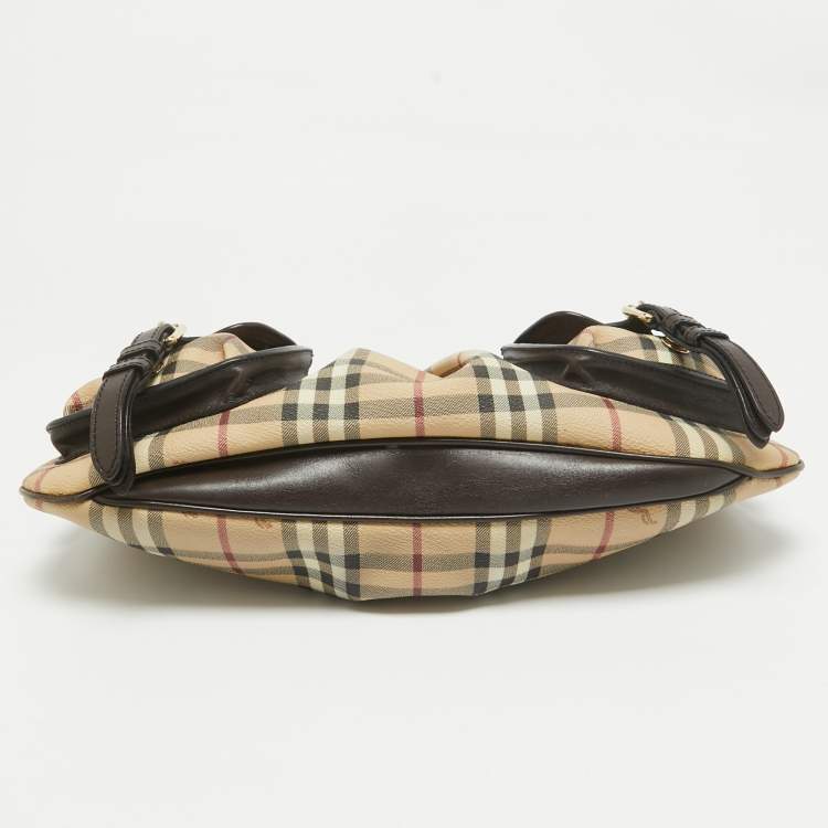 Pre Owned Burberry Brown/Beige Haymarket Check PVC and Leather Stitch Detail Hobo