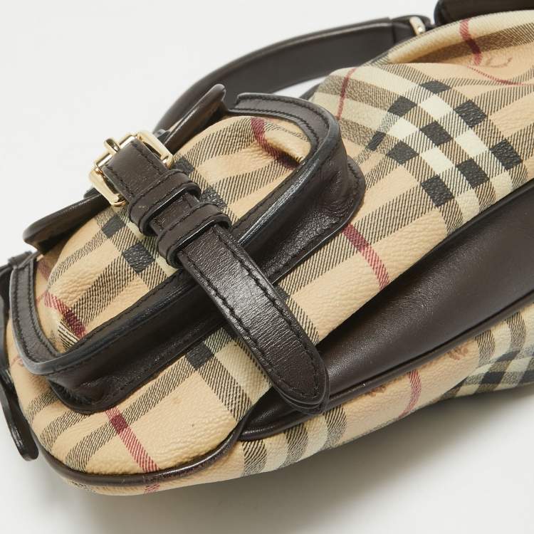 Pre Owned Burberry Brown/Beige Haymarket Check PVC and Leather Stitch Detail Hobo