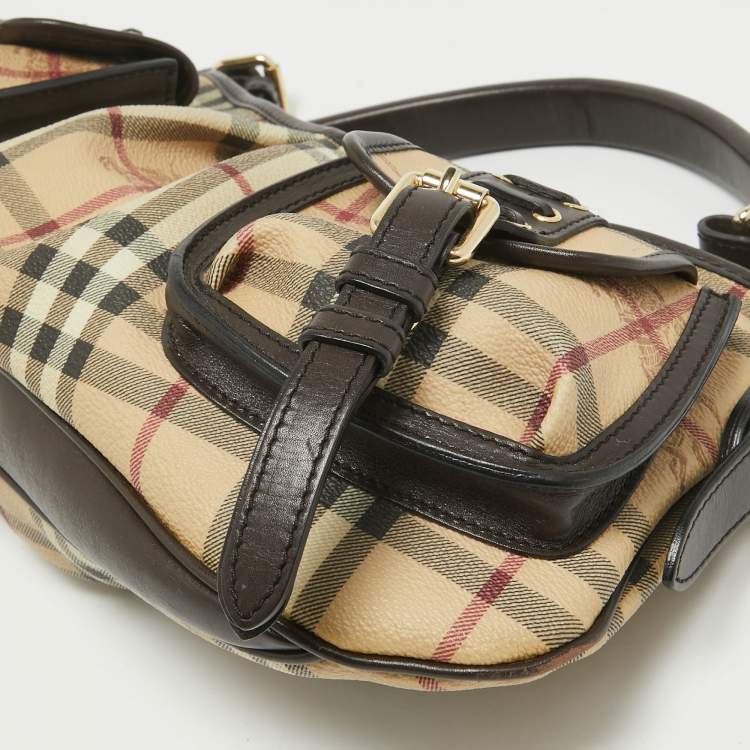 Pre Owned Burberry Brown/Beige Haymarket Check PVC and Leather Stitch Detail Hobo