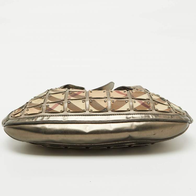 Pre Owned Burberry Metallic/Beige Nova Check PVC and Leather Studded Brooke Warrior Hobo