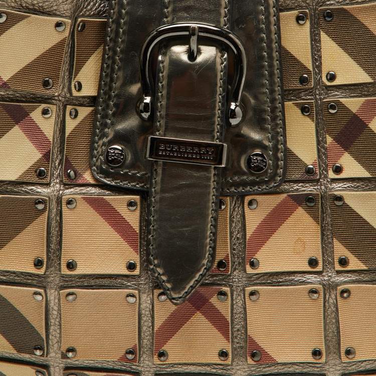 Pre Owned Burberry Metallic/Beige Nova Check PVC and Leather Studded Brooke Warrior Hobo