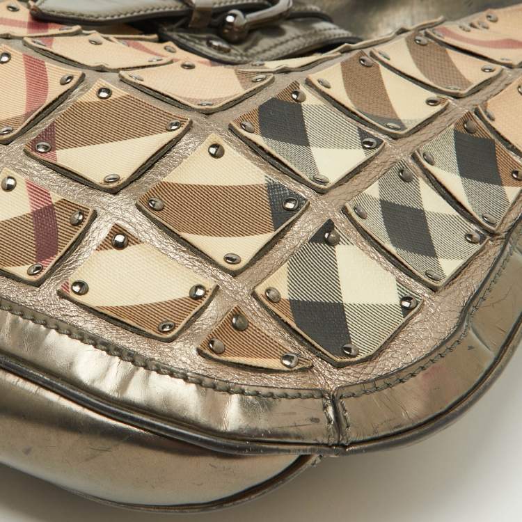Pre Owned Burberry Metallic/Beige Nova Check PVC and Leather Studded Brooke Warrior Hobo