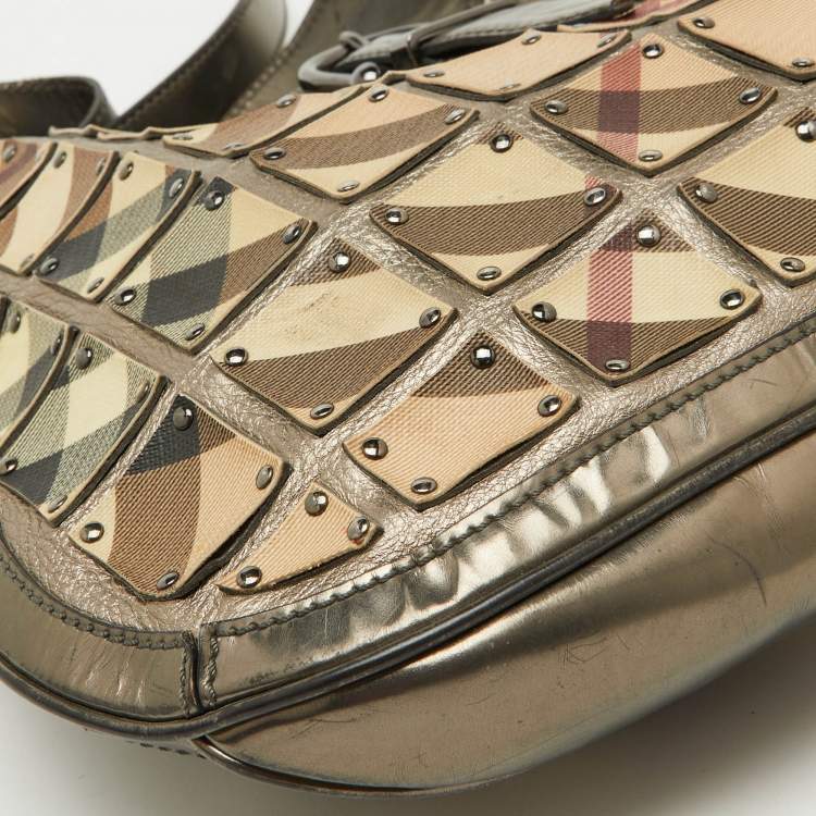 Pre Owned Burberry Metallic/Beige Nova Check PVC and Leather Studded Brooke Warrior Hobo