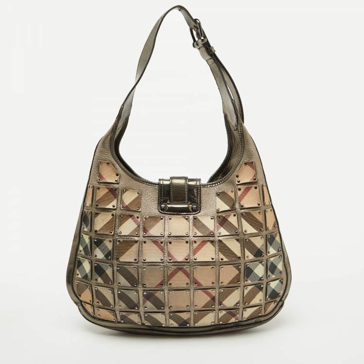 Pre Owned Burberry Metallic/Beige Nova Check PVC and Leather Studded Brooke Warrior Hobo