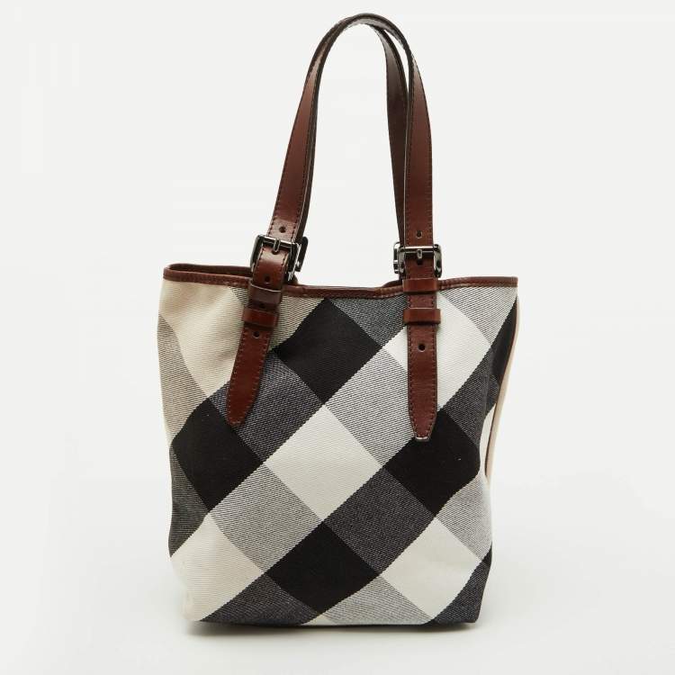 Pre Owned Burberry Beige/Brown Mega Check Canvas and Leather Tote