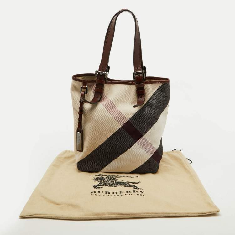 Pre Owned Burberry Beige/Brown Mega Check Canvas and Leather Tote