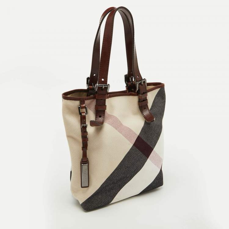 Pre Owned Burberry Beige/Brown Mega Check Canvas and Leather Tote
