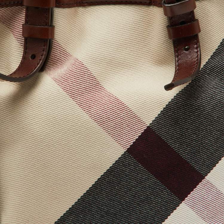 Pre Owned Burberry Beige/Brown Mega Check Canvas and Leather Tote