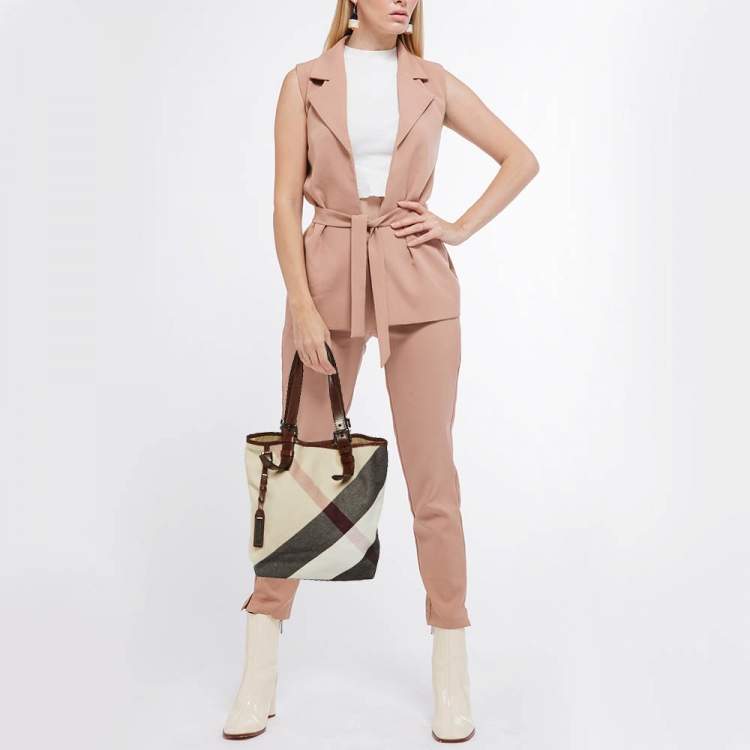 Pre Owned Burberry Beige/Brown Mega Check Canvas and Leather Tote