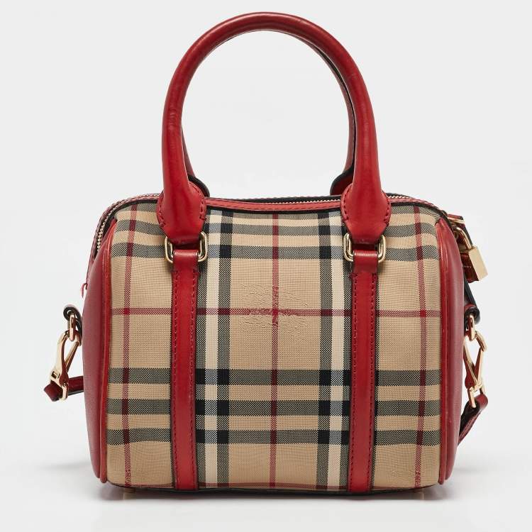Pre Owned Burberry Red/Beige Haymarket Fabric and Leather Small Alchester Bowler Bag