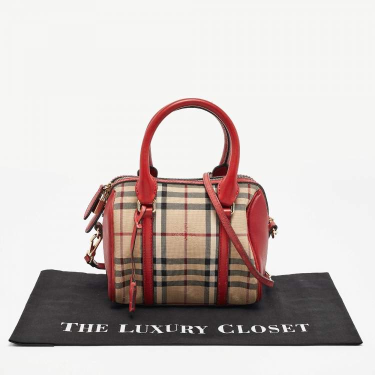 Pre Owned Burberry Red/Beige Haymarket Fabric and Leather Small Alchester Bowler Bag