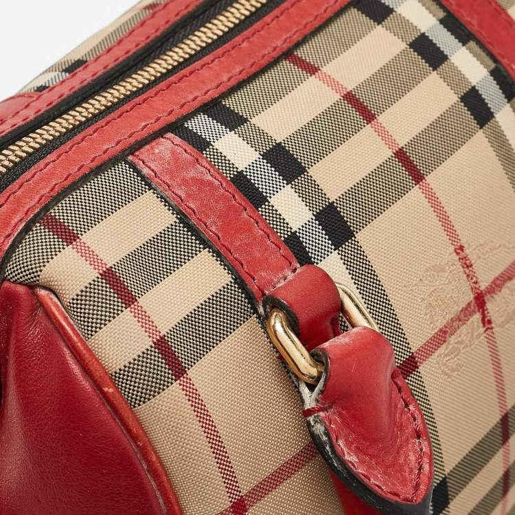 Pre Owned Burberry Red/Beige Haymarket Fabric and Leather Small Alchester Bowler Bag