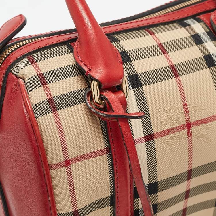 Pre Owned Burberry Red/Beige Haymarket Fabric and Leather Small Alchester Bowler Bag