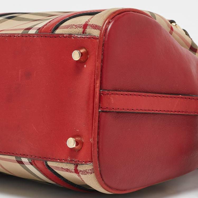 Pre Owned Burberry Red/Beige Haymarket Fabric and Leather Small Alchester Bowler Bag