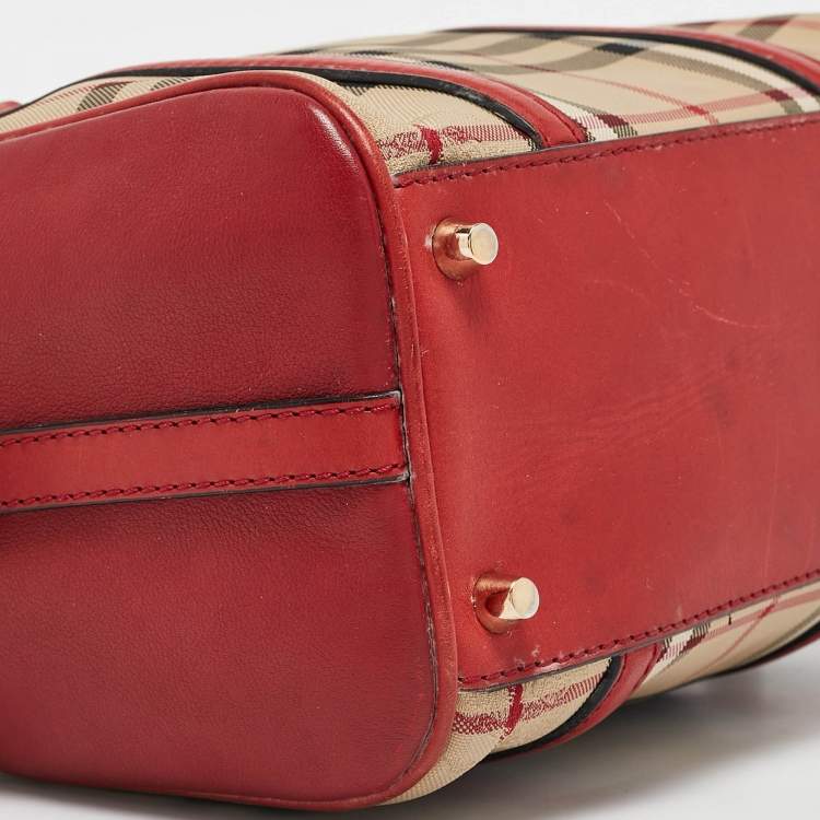 Pre Owned Burberry Red/Beige Haymarket Fabric and Leather Small Alchester Bowler Bag