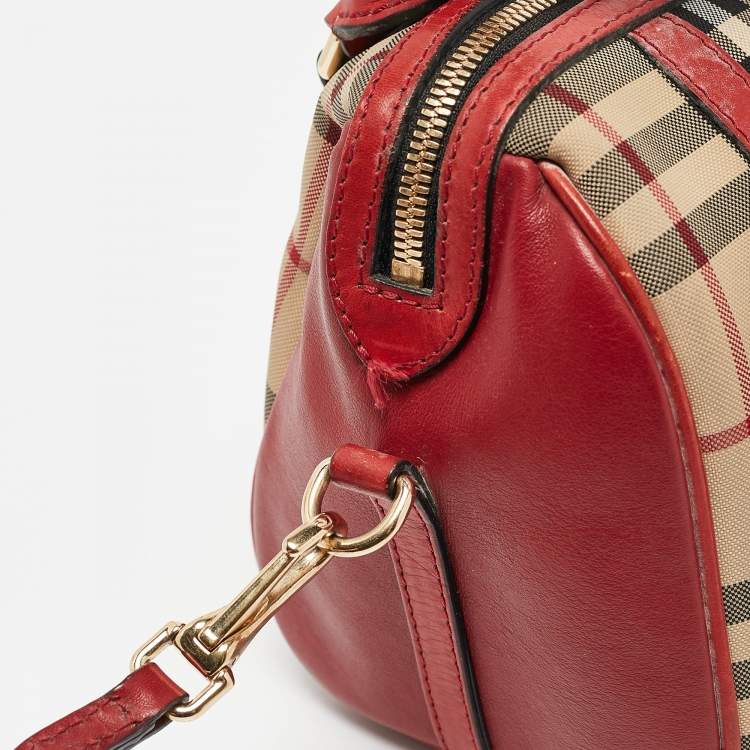 Pre Owned Burberry Red/Beige Haymarket Fabric and Leather Small Alchester Bowler Bag