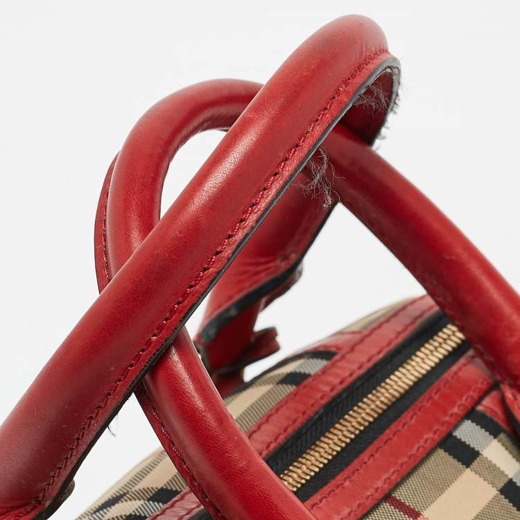 Pre Owned Burberry Red/Beige Haymarket Fabric and Leather Small Alchester Bowler Bag