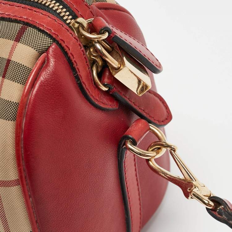 Pre Owned Burberry Red/Beige Haymarket Fabric and Leather Small Alchester Bowler Bag