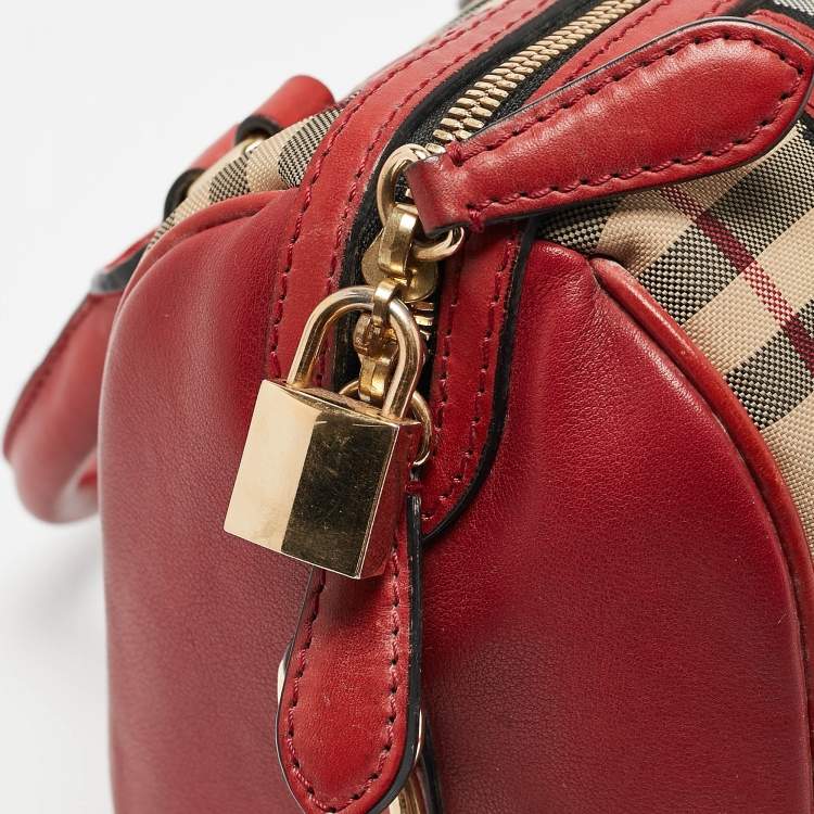Pre Owned Burberry Red/Beige Haymarket Fabric and Leather Small Alchester Bowler Bag