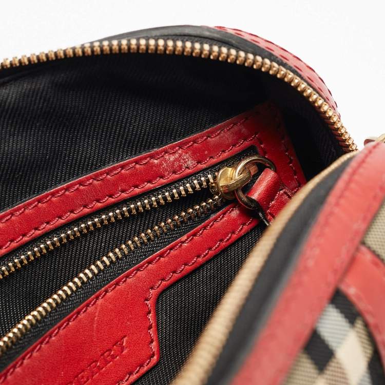Pre Owned Burberry Red/Beige Haymarket Fabric and Leather Small Alchester Bowler Bag