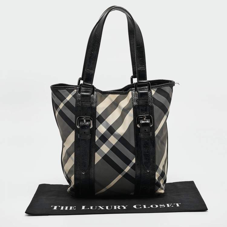 Pre Owned Burberry Grey/Black Beat Check Nylon and Patent Leather Lowry Tote