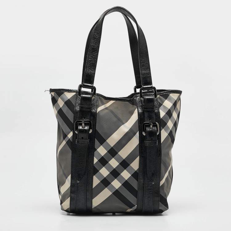 Pre Owned Burberry Grey/Black Beat Check Nylon and Patent Leather Lowry Tote