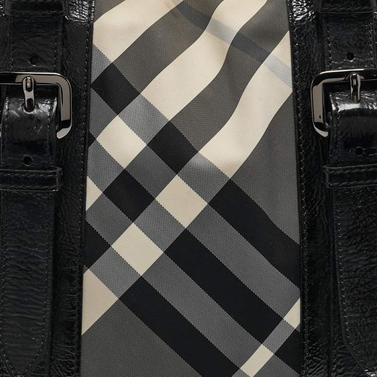 Pre Owned Burberry Grey/Black Beat Check Nylon and Patent Leather Lowry Tote