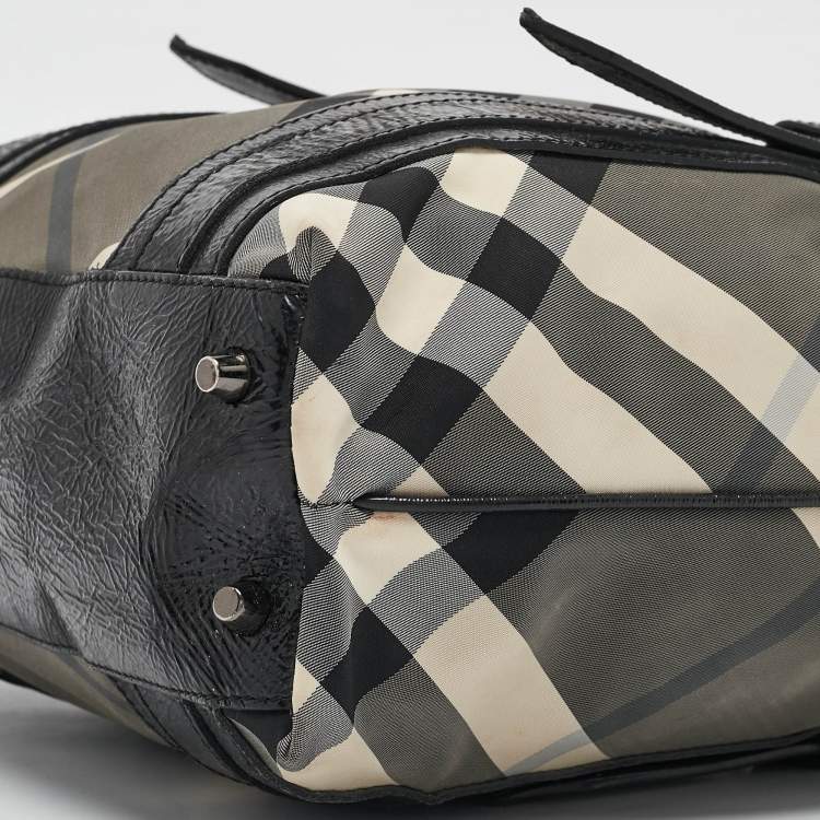 Pre Owned Burberry Grey/Black Beat Check Nylon and Patent Leather Lowry Tote