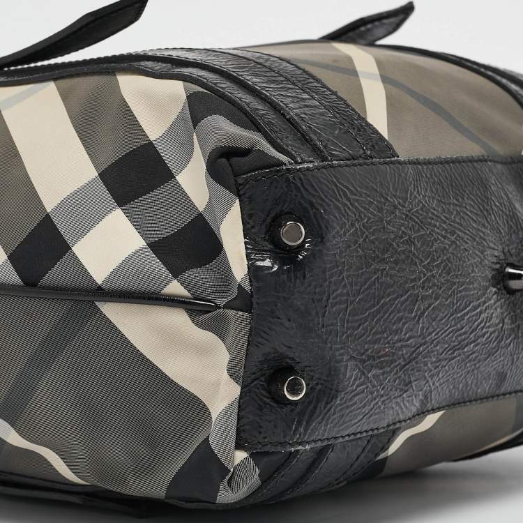 Pre Owned Burberry Grey/Black Beat Check Nylon and Patent Leather Lowry Tote