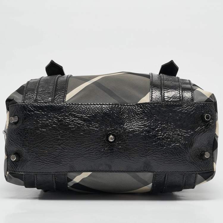 Pre Owned Burberry Grey/Black Beat Check Nylon and Patent Leather Lowry Tote