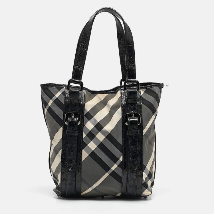 Pre Owned Burberry Grey/Black Beat Check Nylon and Patent Leather Lowry Tote
