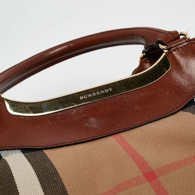 Pre Owned Burberry Brown/Beige House Check Canvas and Leather Hepburn Shoulder Bag