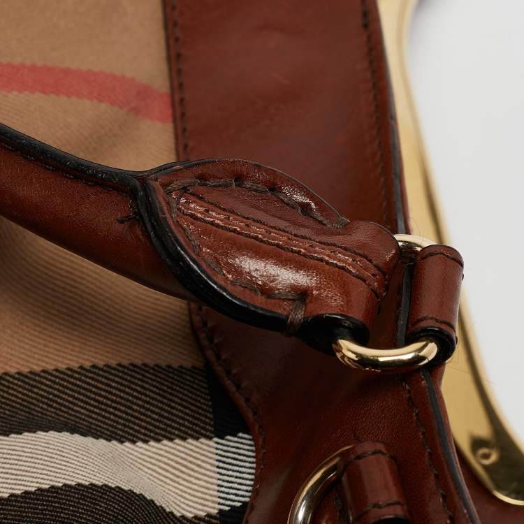 Pre Owned Burberry Brown/Beige House Check Canvas and Leather Hepburn Shoulder Bag