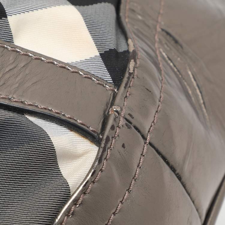 Pre Owned Burberry Grey/Black Beat Check Nylon and Patent Leather Lowry Tote