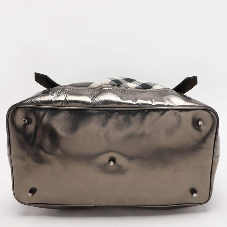 Pre Owned Burberry Grey/Black Beat Check Nylon and Patent Leather Lowry Tote