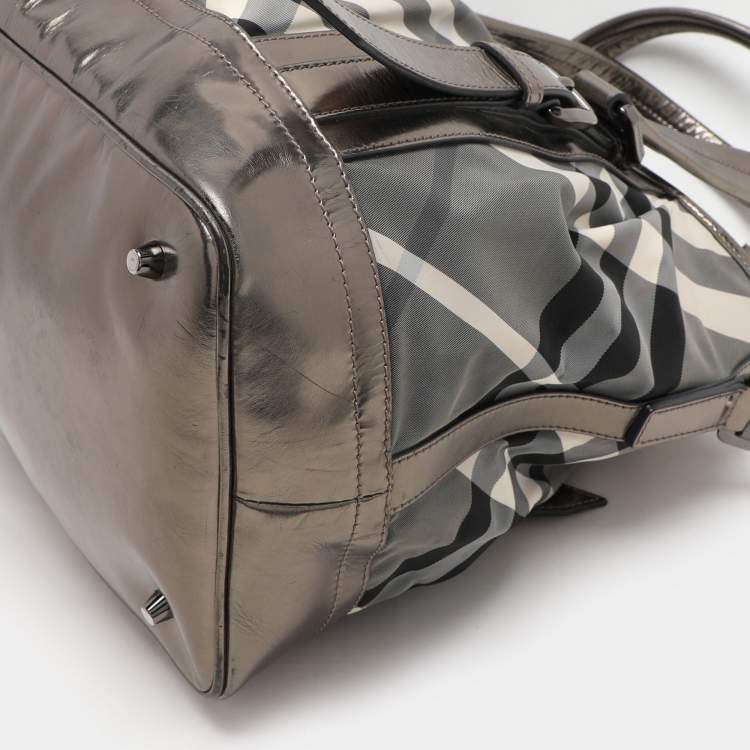 Pre Owned Burberry Grey/Black Beat Check Nylon and Patent Leather Lowry Tote