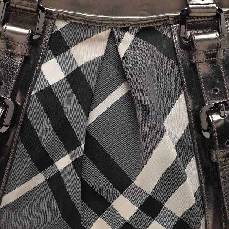 Pre Owned Burberry Grey/Black Beat Check Nylon and Patent Leather Lowry Tote