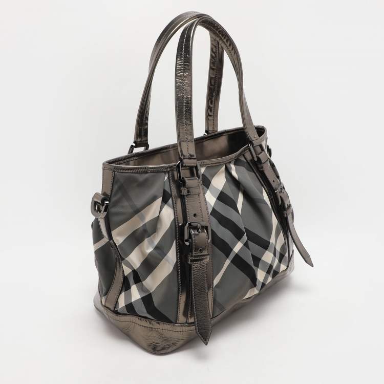Pre Owned Burberry Grey/Black Beat Check Nylon and Patent Leather Lowry Tote