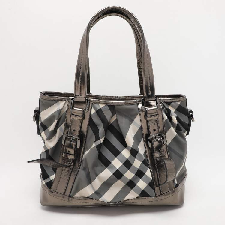 Pre Owned Burberry Grey/Black Beat Check Nylon and Patent Leather Lowry Tote