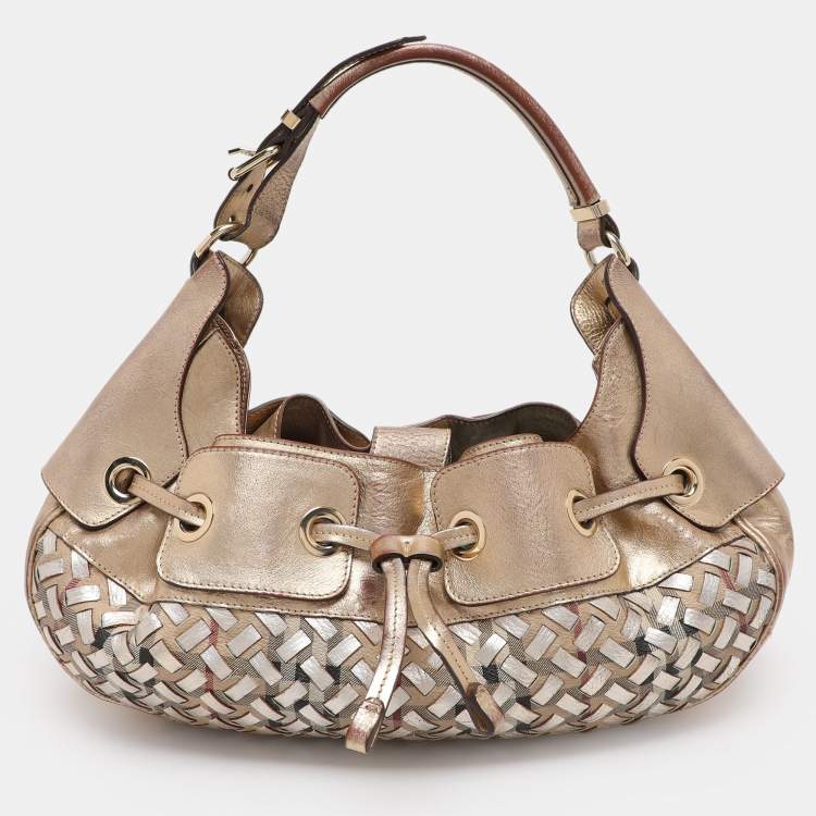 Pre Owned Burberry Gold/Beige Haymarket Check Coated Canvas and Leather Warrior Hobo