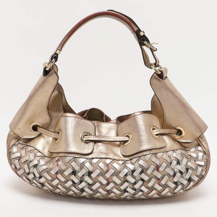 Pre Owned Burberry Gold/Beige Haymarket Check Coated Canvas and Leather Warrior Hobo