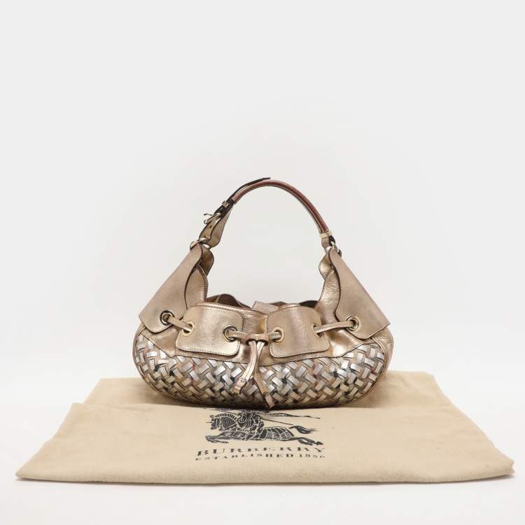 Pre Owned Burberry Gold/Beige Haymarket Check Coated Canvas and Leather Warrior Hobo